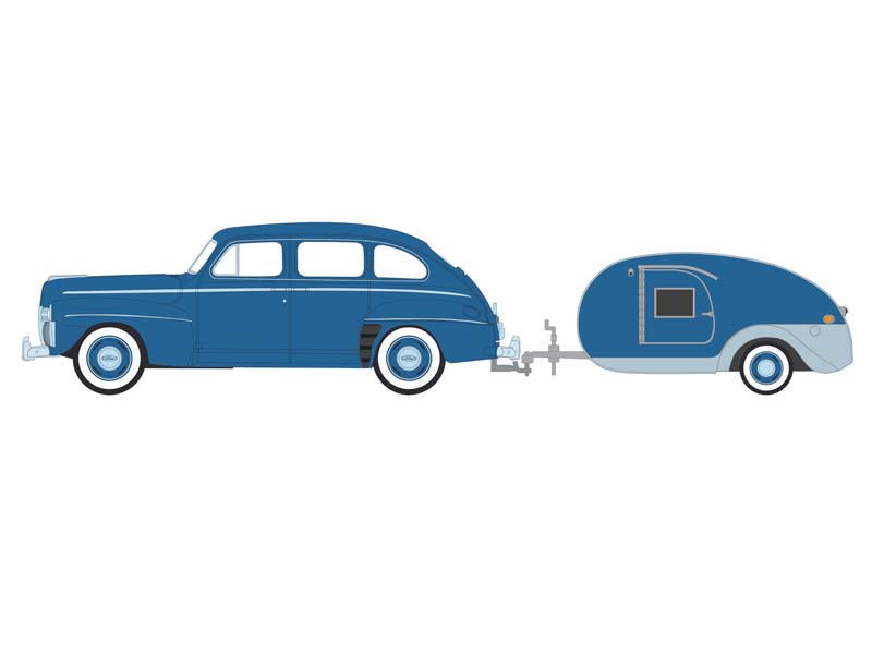 PRE-ORDER 1942 Ford Fordor Super Deluxe w/ Tear Drop Trailer – Florentine Blue (Hitch & Tow Series 30) Diecast 1:64 Scale Model - Greenlight 32300A