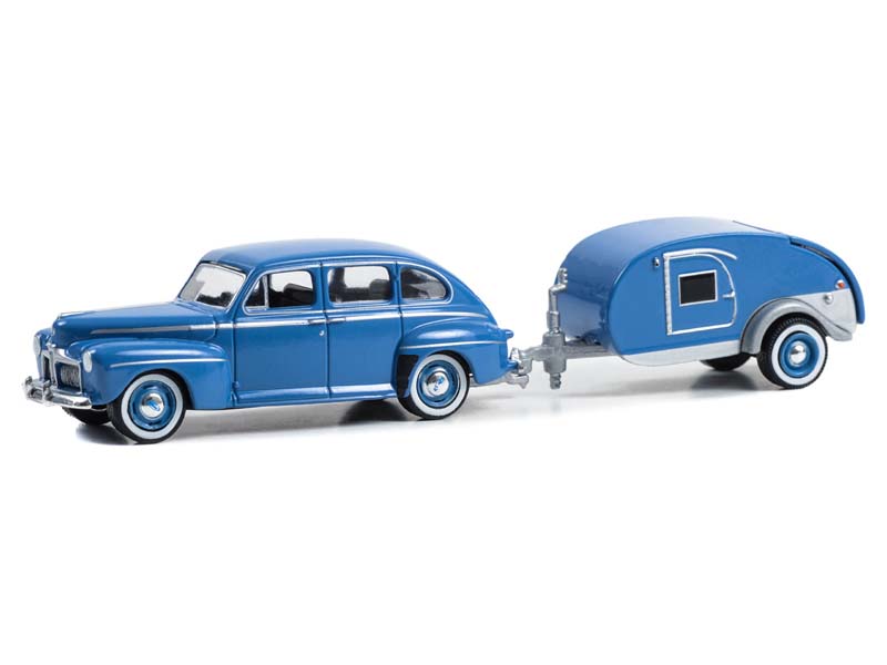 1942 Ford Fordor Super Deluxe w/ Tear Drop Trailer – Florentine Blue (Hitch & Tow Series 30) Diecast 1:64 Scale Model - Greenlight 32300A