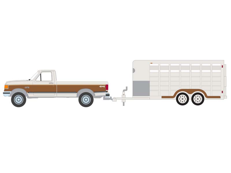 PRE-ORDER 1991 Ford F-250 XLT Lariat w/ Livestock Trailer - Colonial White (Hitch & Tow Series 30) Diecast 1:64 Scale Model - Greenlight 32300C