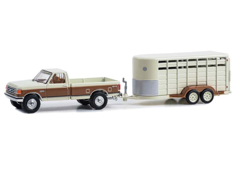 1991 Ford F-250 XLT Lariat w/ Livestock Trailer - Colonial White (Hitch & Tow Series 30) Diecast 1:64 Scale Model - Greenlight 32300C