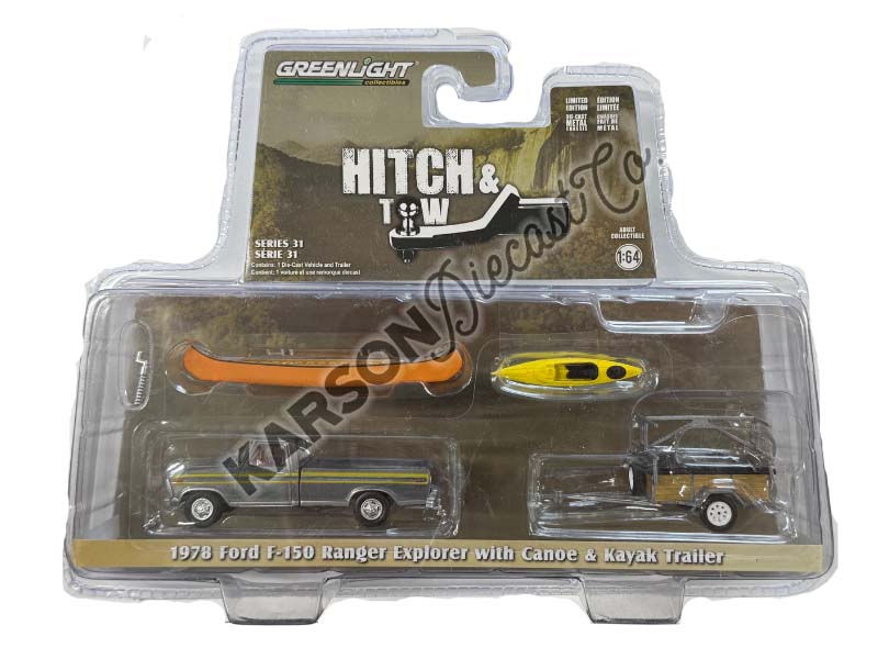 RAW CHASE 1978 Ford F-150 Ranger Explorer – Maroon w/ Trailer Rack, Canoe and Kayak (Hitch & Tow Series 31) Diecast 1:64 Scale Model - Greenlight 32310B