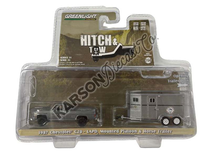 RAW CHASE 1987 Chevrolet C20 - LAPD Search & Rescue Mounted Platoon w/ Horse Trailer (Hitch & Tow Series 31) Diecast 1:64 Scale Model - Greenlight 32310C