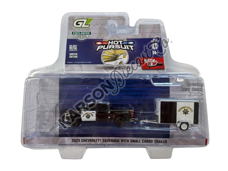 CHROME CHASE 2023 Chevrolet Silverado w/ Trailer California Highway Patrol (Hot Pursuit Hitch & Tow Series 1) Diecast 1:64 Scale Model - Greenlight 32315C
