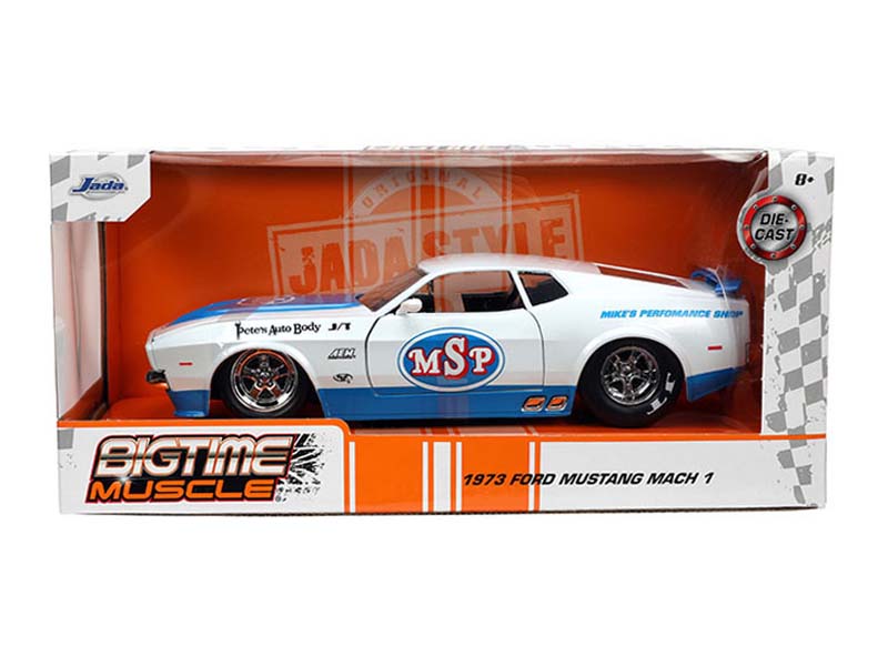 1973 Ford Mustang Mach 1 White w/ Blue - Mike’s Performance Shop Livery (Bigtime Muscle) Diecast 1:24 Scale Model - Jada 33858