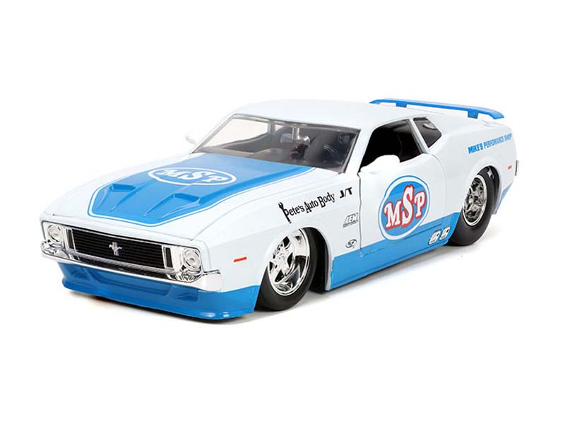 1973 Ford Mustang Mach 1 White w/ Blue - Mike’s Performance Shop Livery (Bigtime Muscle) Diecast 1:24 Scale Model - Jada 33858