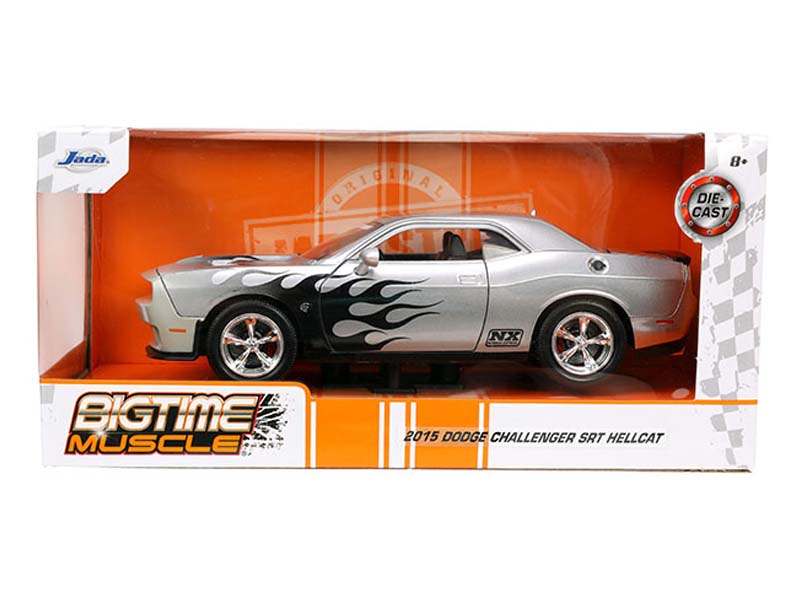 2015 Dodge Challenger SRT Hellcat - Silver w/ Black Flames (Bigtime Muscle) Diecast 1:24 Scale Model - Jada 33880