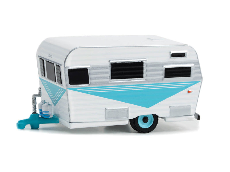1958 Siesta Travel Trailer - Teal, White and Polished Silver (Hitched Homes) Series 14 Diecast 1:64 Scale Model - Greenlight 34140B