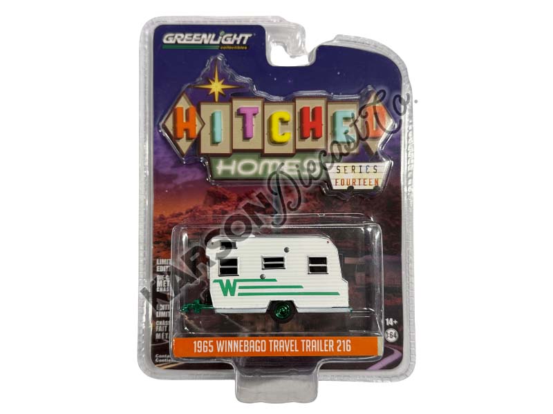 CHASE 1965 Winnebago Travel Trailer 216 - White w/ Green Stripe (Hitched Homes Series 14) Diecast 1:64 Scale Model - Greenlight 34140C