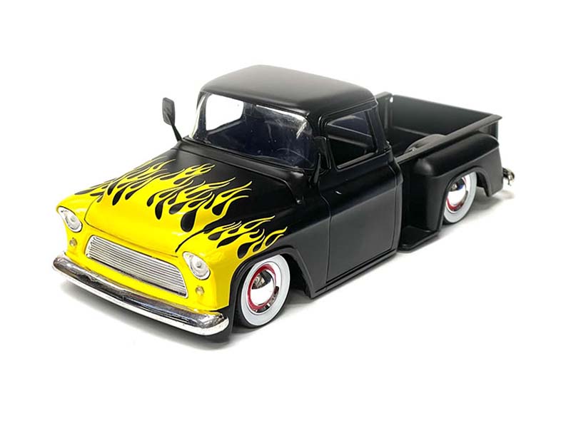 1955 Chevrolet Stepside Truck - Matte Black w/ Yellow Flames (Just Trucks) Diecast 1:24 Scale Model - Jada 34294