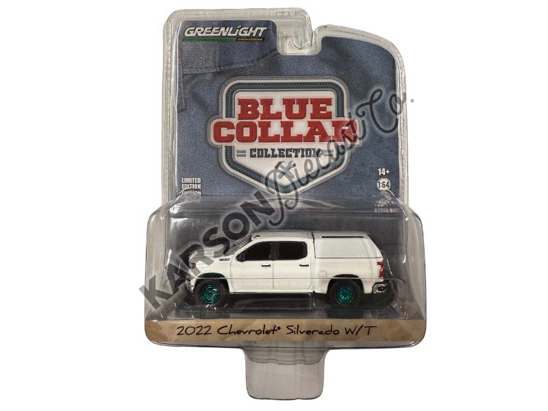 CHASE 2022 Chevrolet Silverado W/T w/ Camper Shell - Summit White (Blue Collar Collection) Series 11 Diecast 1:64 Scale Model - Greenlight 35240F