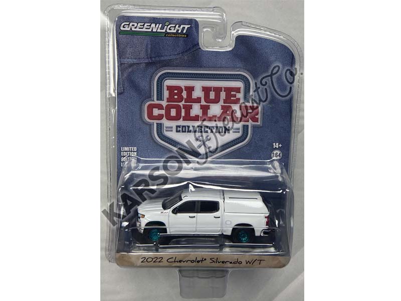 CHASE 2022 Chevrolet Silverado W/T w/ Camper Shell - Summit White (Blue Collar Collection) Series 11 Diecast 1:64 Scale Model - Greenlight 35240F