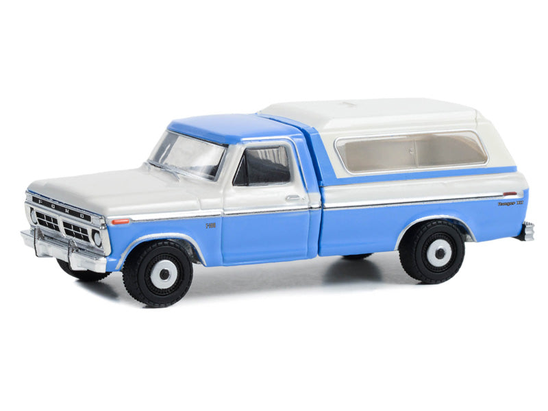1975 Ford F-100 Ranger XLT w/ Camper Shell - Blue and Wimbledon White (Blue Collar Collection) Series 12 Diecast 1:64 Scale Model - Greenlight 35260B