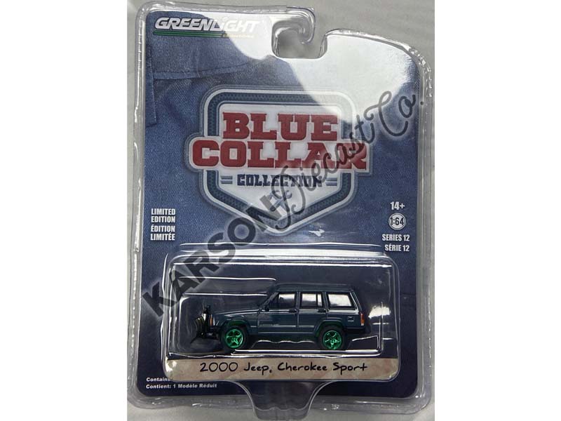 CHASE 2000 Jeep Cherokee Sport w/ Snow Plow (Blue Collar Collection Series 12) Diecast 1:64 Scale Model - Greenlight 35260E