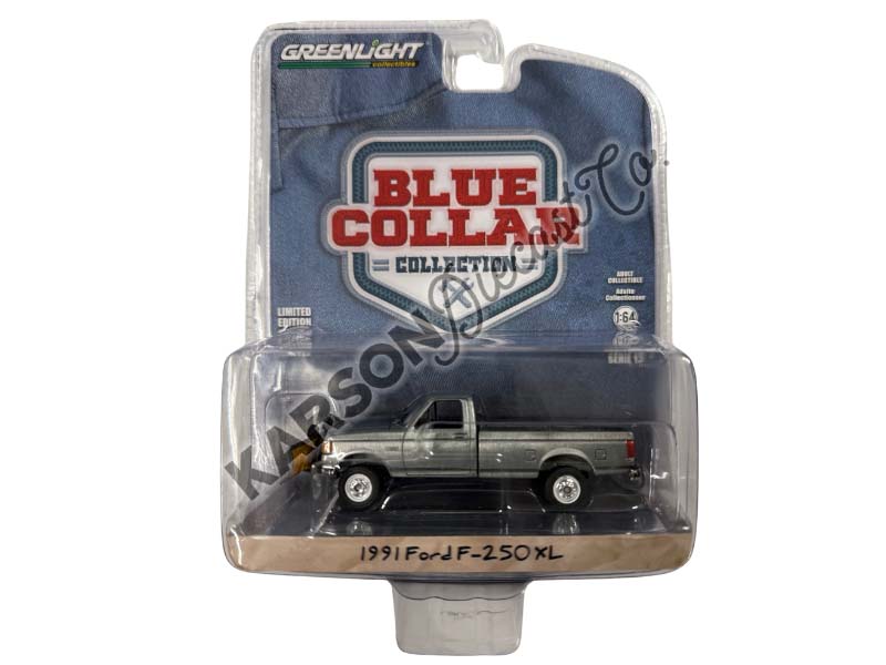 CHASE 1991 Ford F-250 XL 4X4 w/ Snow Plow - Deep Shadow Blue Metallic (Blue Collar Collection Series 13) Diecast 1:64 Model - Greenlight 35280E