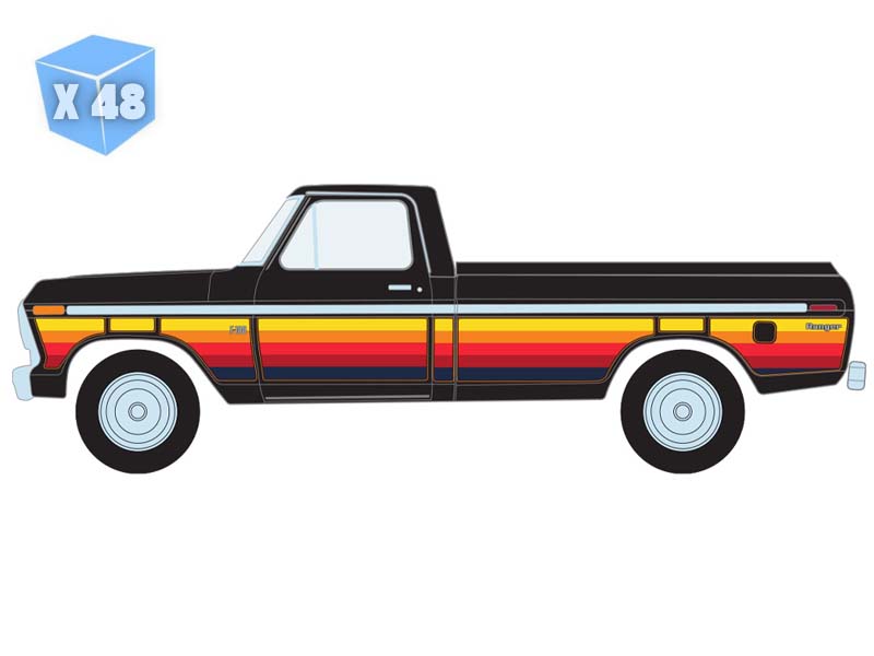 PRE-ORDER - 48 PACK 1977 Ford F-100 w/ Bed Cover – Black w/ Free Wheeling Stripes (Blue Collar Series 15) Diecast 1:64 Scale Model - Greenlight 35320E