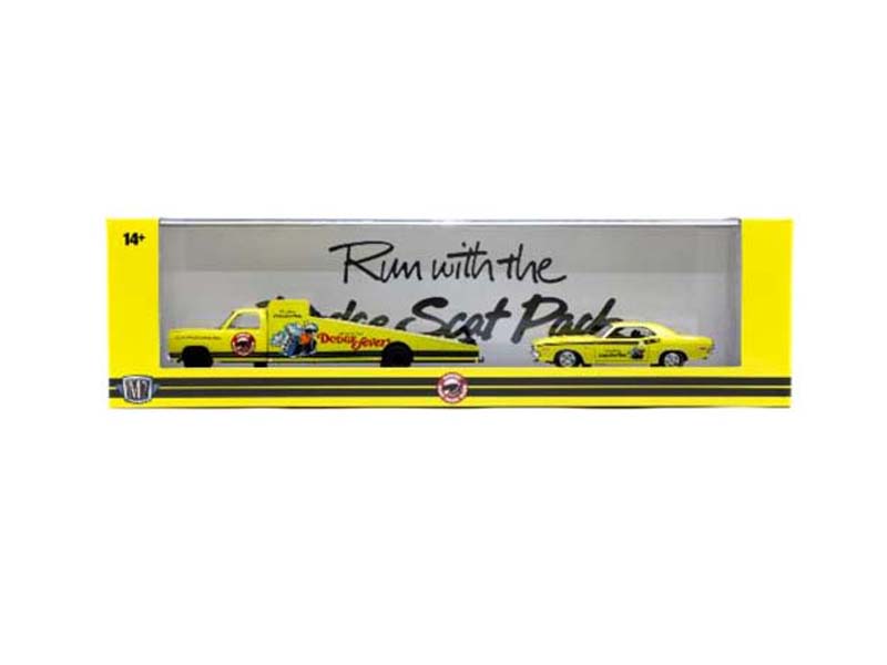 1974 Dodge Ramp Truck Yellow w/ Black Stripes w/ 1971 Dodge Challenger R/T Yellow w/ Black Stripes Diecast 1:64 Scale Model - M2 Machines 36000-88