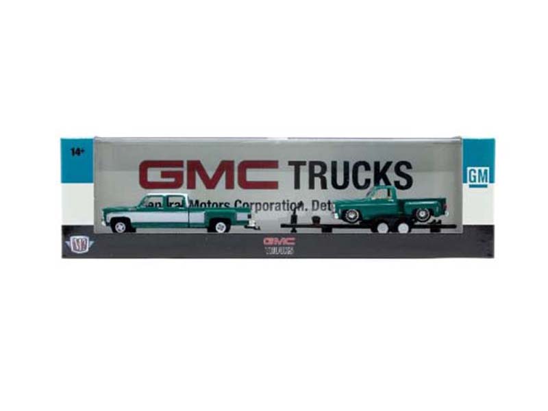 1973 GMC Sierra 3500 Dually Pickup w/ 1976 GMC Sierra Grande 15 Custom Pickup w/ Flatbed Trailer Diecast 1:64 Scale Model - M2 Machines 36000-88