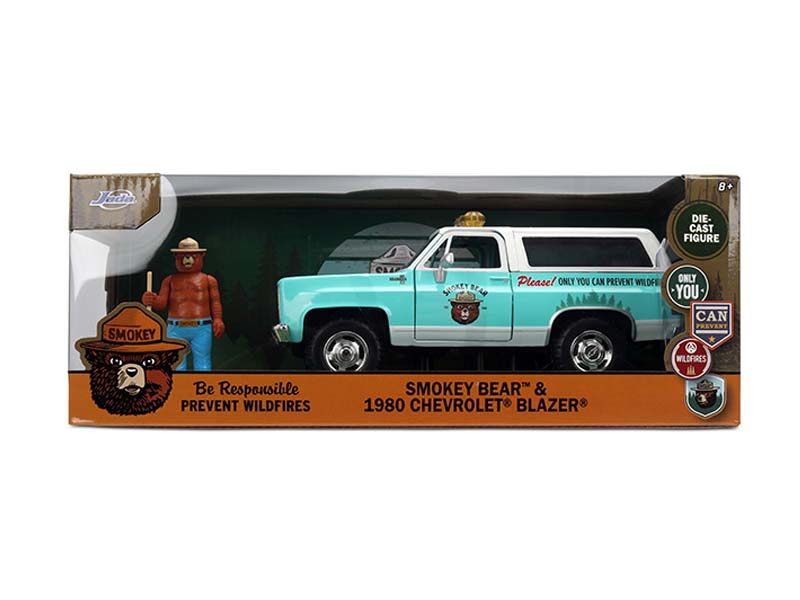 1980 Chevrolet Blazer – Turquoise/White Two-Tone w/ Smokey Bear (Hollywood Rides) Diecast 1:24 Scale Model - Jada 36294
