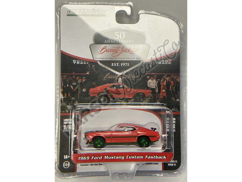 CHASE 1969 Ford Mustang Custom Fastback Race Red w/ Black Hood (Barrett-Jackson Scottsdale Edition) Series 11 Diecast 1:64 Scale Model - Greenlight 37270C