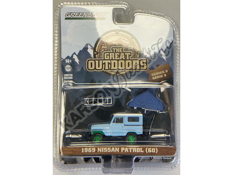 CHASE 1969 Nissan Patrol (60) - Blue & White w/ Camp'otel Cartop Sleeper Tent (The Great Outdoors) Series 3 Diecast 1:64 Scale Model - Greenlight 38050A