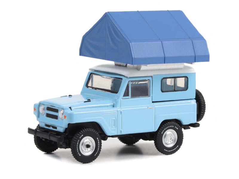 CHASE 1969 Nissan Patrol (60) - Blue & White w/ Camp'otel Cartop Sleeper Tent (The Great Outdoors) Series 3 Diecast 1:64 Scale Model - Greenlight 38050A