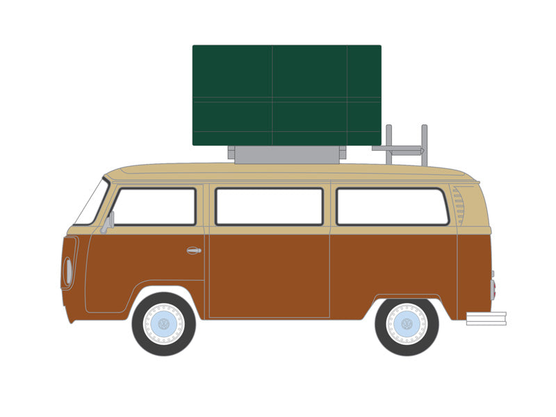 1978 Volkswagen Type 2 -Brown and Beige w/ Camp'otel Cartop Sleeper Tent (The Great Outdoors) Series 3 Diecast 1:64 Scale Model - Greenlight 38050B