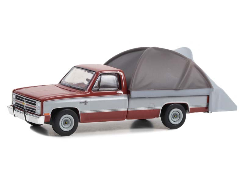 1983 Chevrolet C20 Silverado - Red and Silver Metallic w/ Truck Bed Tent  (The Great Outdoors) Series 3 Diecast 1:64 Scale Model - Greenlight 38050C