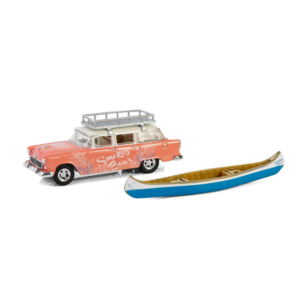 1955 Chevrolet Two-Ten Townsman w/ Roof Rack & Canoe (Smokey Bear Series 4) Diecast 1:64 Scale Model - Greenlight 38070A