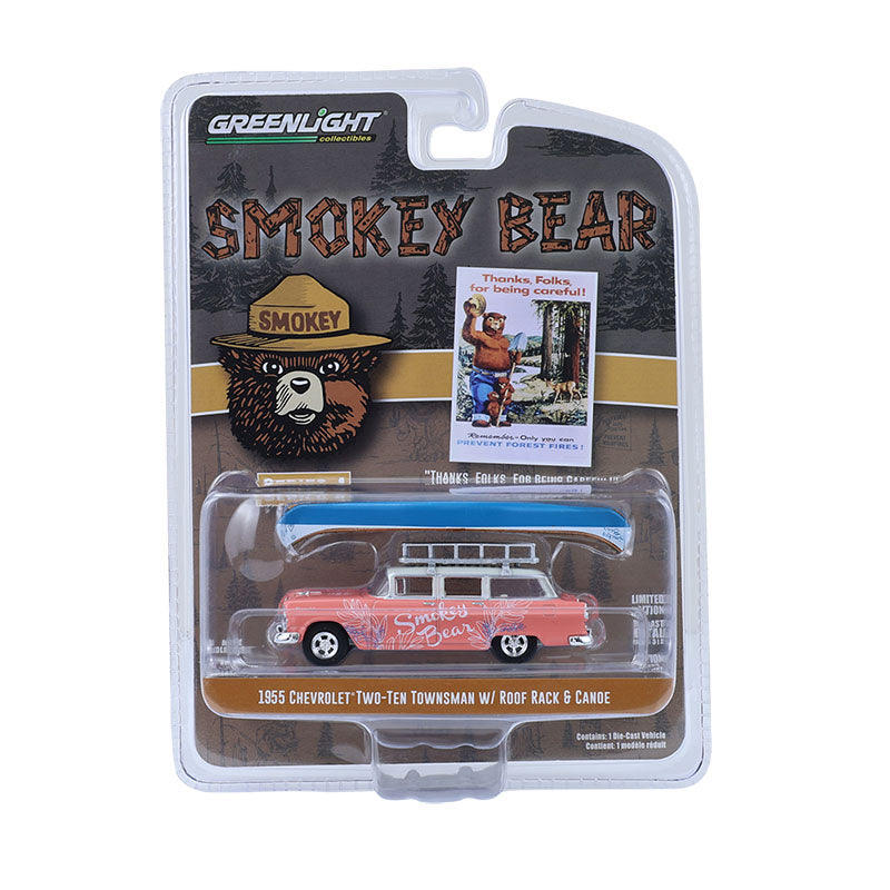 1955 Chevrolet Two-Ten Townsman w/ Roof Rack & Canoe (Smokey Bear Series 4) Diecast 1:64 Scale Model - Greenlight 38070A