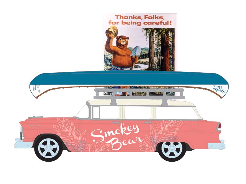 1955 Chevrolet Two-Ten Townsman w/ Roof Rack & Canoe (Smokey Bear Series 4) Diecast 1:64 Scale Model - Greenlight 38070A