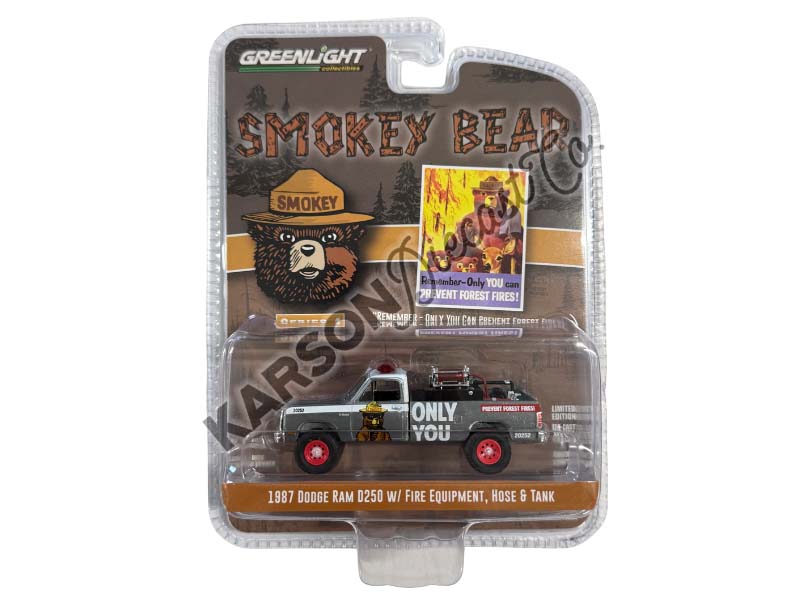 RAW CHASE 1987 Dodge Ram D250 w/ Fire Equipment, Hose & Tank (Smokey Bear Series 4) Diecast 1:64 Scale Model - Greenlight 38070E