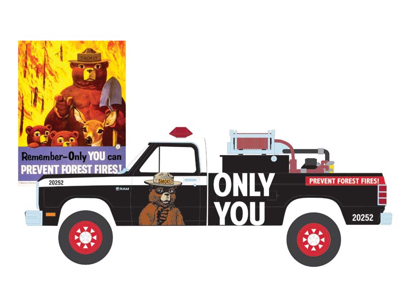 1987 Dodge Ram D250 w/ Fire Equipment, Hose & Tank (Smokey Bear Series 4) Diecast 1:64 Scale Model - Greenlight 38070E