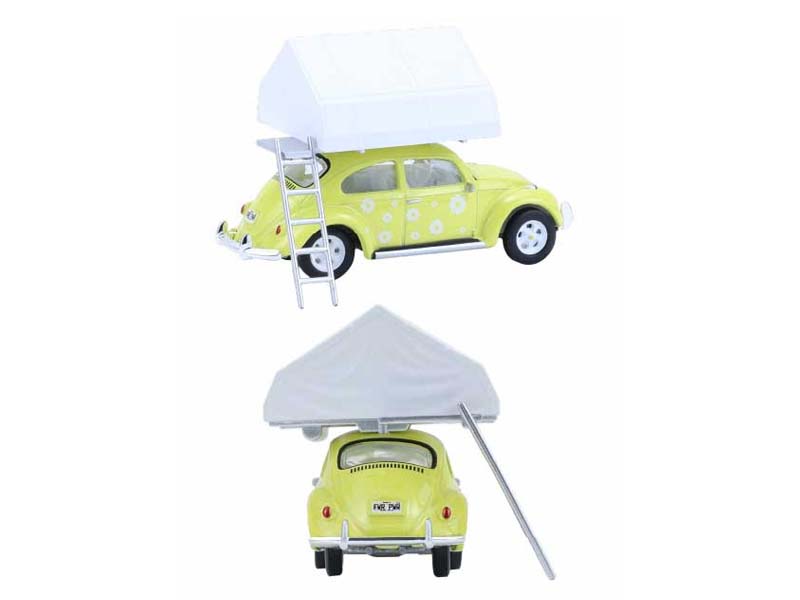 Classic Volkswagen Beetle - Yellow Flower Power w/ Camp'otel Cartop Sleeper Tent (The Great Outdoors Series 4) Diecast 1:64 Scale Model - Greenlight 38080A