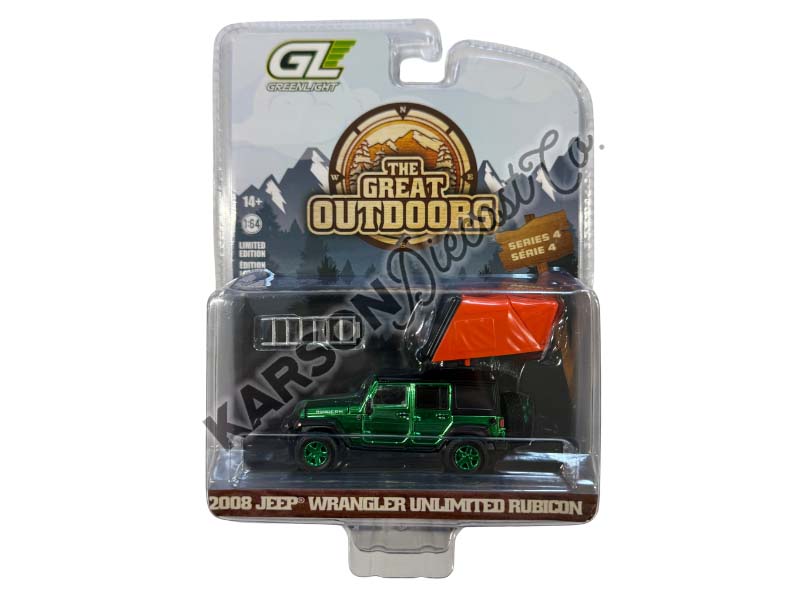 GREEN CHROME CHASE 2008 Jeep Wrangler Unlimited Rubicon - Dark Charcoal w/ Modern Rooftop Camper (The Great Outdoors Series 4) Diecast 1:64 Scale Model - Greenlight 38080F