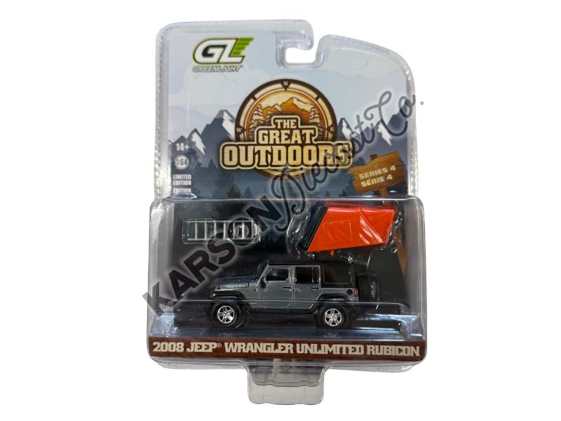 RAW CHASE 2008 Jeep Wrangler Unlimited Rubicon - Dark Charcoal w/ Modern Rooftop Camper (The Great Outdoors Series 4) Diecast 1:64 Scale Model - Greenlight 38080F
