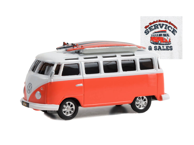 1964 Volkswagen Samba Bus w/ Surfboards - Service & Sales (Busted Knuckle Garage) Series 2 Diecast 1:64 Scale Model - Greenlight 39120D