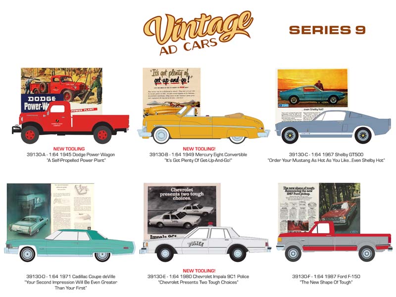 (Vintage Ad Cars) Series 9 SET OF 6 Diecast 1:64 Scale Models - Greenlight 39130