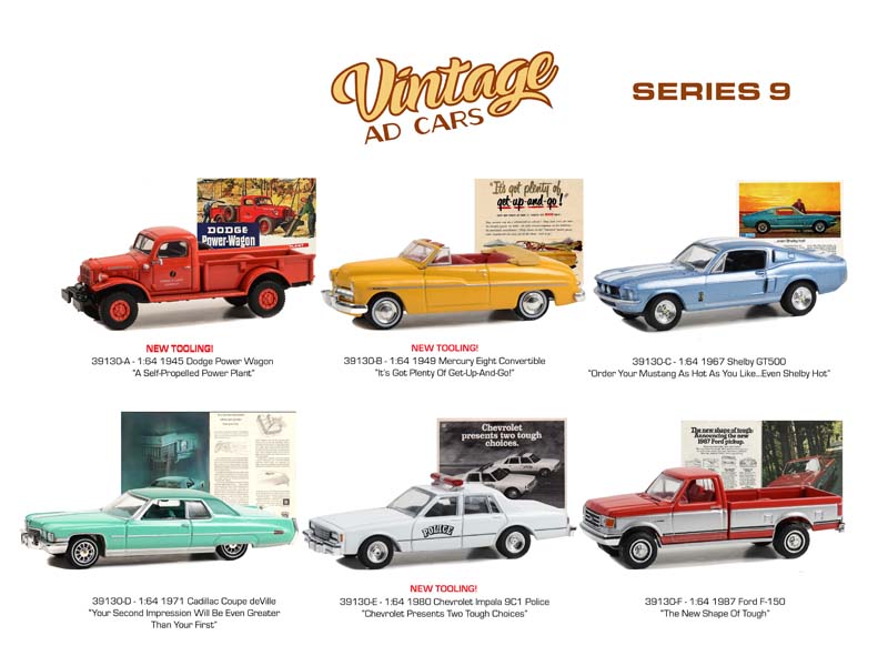 (Vintage Ad Cars) Series 9 SET OF 6 Diecast 1:64 Scale Models - Greenlight 39130