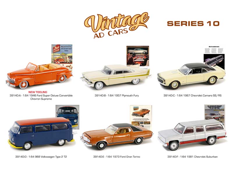 PRE-ORDER (Vintage Ad Cars Series 10) SET OF 6 Diecast 1:64 Scale Models - Greenlight 39140
