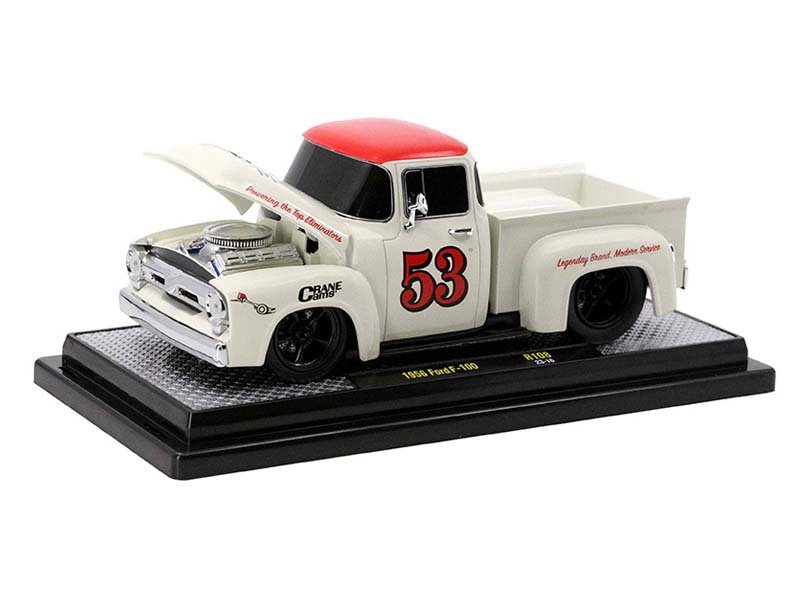 1956 Ford F-100 Crane Cams #53 – White w/ Red Top (Limited Edition) Diecast 1:24 Scale Model - M2 Machines 40300-108B