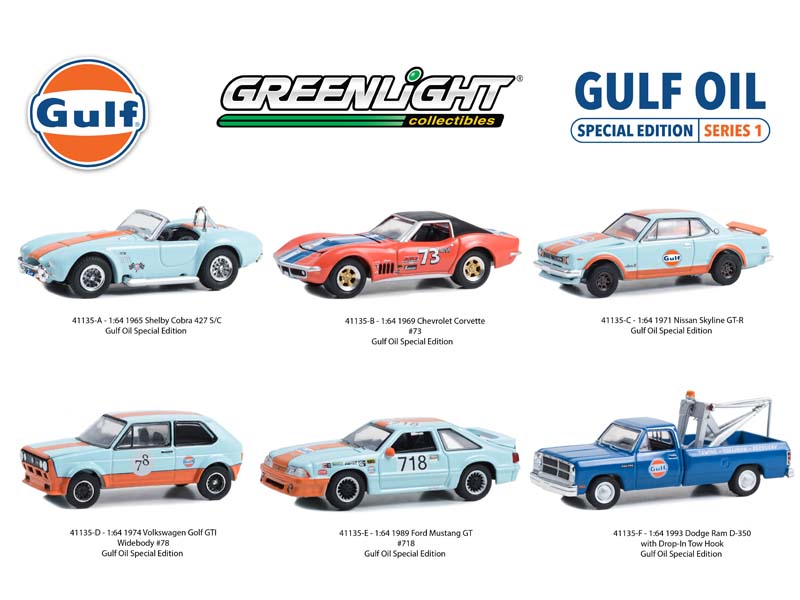 (Gulf Oil Special Edition) Series 1 SET OF 6 Diecast 1:64 Scale Models - Greenlight 41135