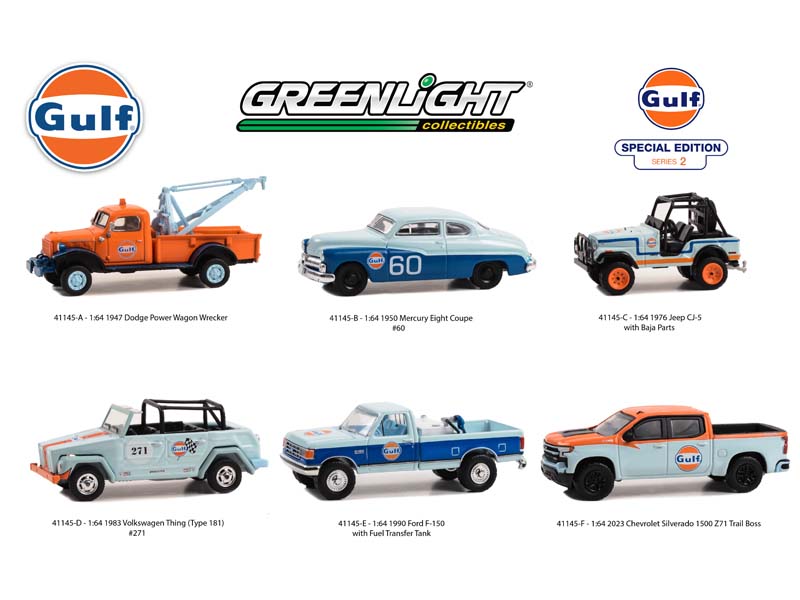 PRE-ORDER (Gulf Oil Special Edition Series 2) SET OF 6 Diecast 1:64 Scale Models - Greenlight 41145