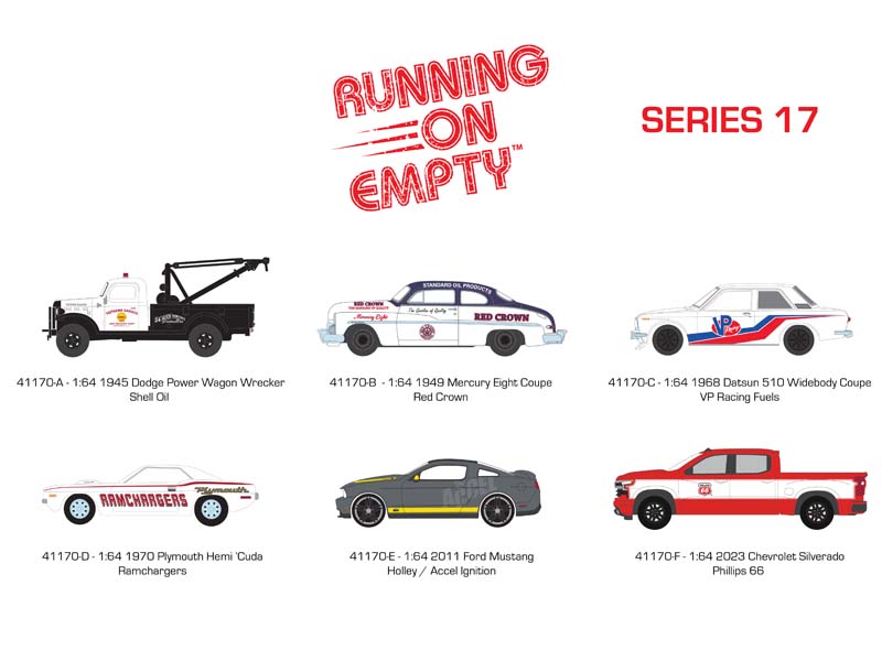 PRE-ORDER (Running on Empty Series 17) SET OF 6 Diecast 1:64 Scale Models - Greenlight 41170