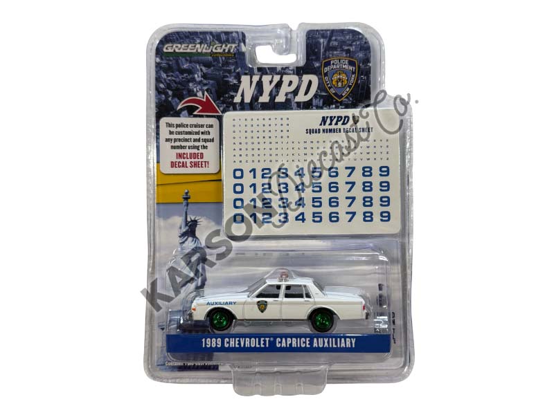 CHASE 1989 Chevrolet Caprice - NYPD Auxiliary w/ NYPD Squad Number Decal Sheet Diecast 1:64 Scale Model - Greenlight 42774