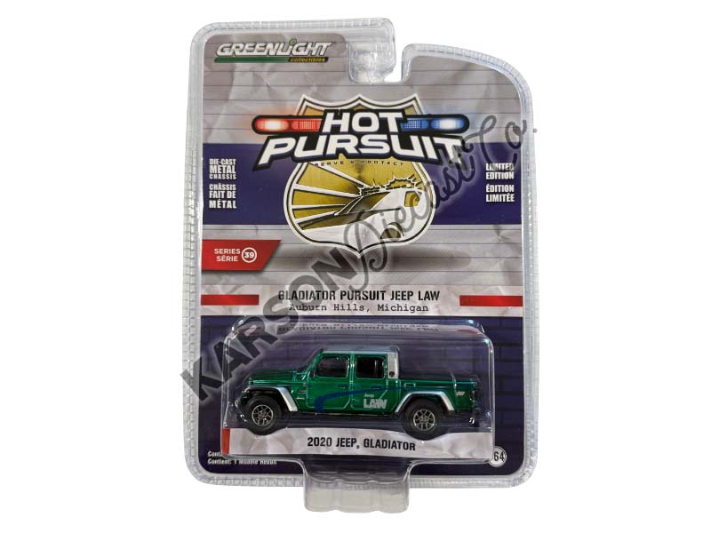 GREEN CHASE 2020 Jeep Gladiator - Gladiator Pursuit Jeep Law (Hot Pursuit Series 39) Diecast 1:64 Scale Model - Greenlight 42970F