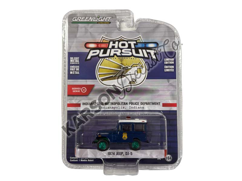 CHASE 1974 Jeep DJ-5 - Indianapolis Metropolitan Police Department (Hot Pursuit Series 40) Diecast 1:64 Scale Model - Greenlight 42980A