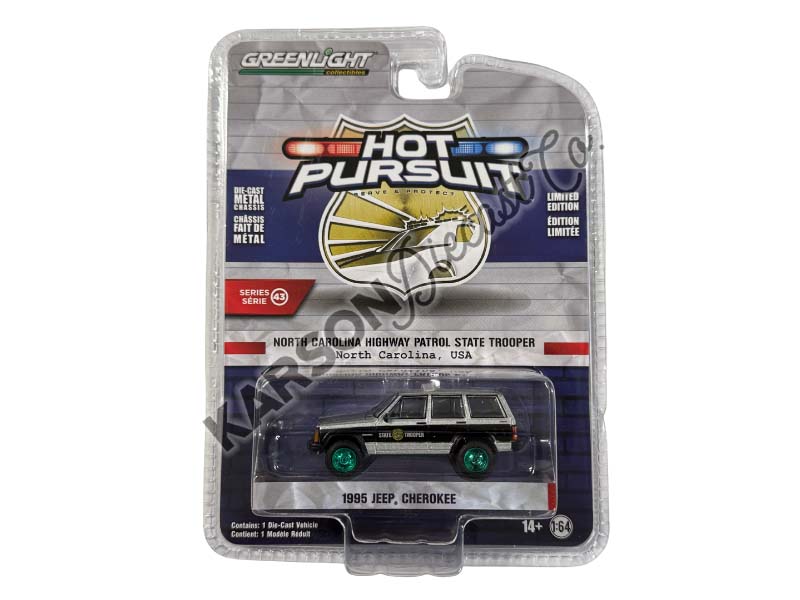 CHASE 1995 Jeep Cherokee - North Carolina Highway Patrol State Trooper (Hot Pursuit Series 43) Diecast 1:64 Scale Model - Greenlight 43010D