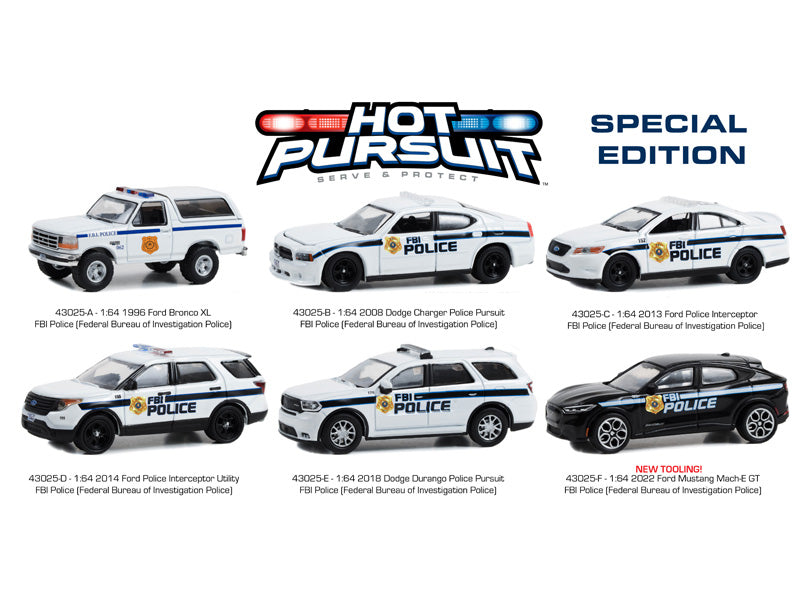 (Hot Pursuit Special Edition) - FBI Police SET OF 6 Diecast 1:64 Scale Model - Greenlight 43025