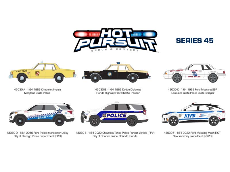(Hot Pursuit Series 45) SET OF 6 Diecast 1:64 Scale Models - Greenlight 43030