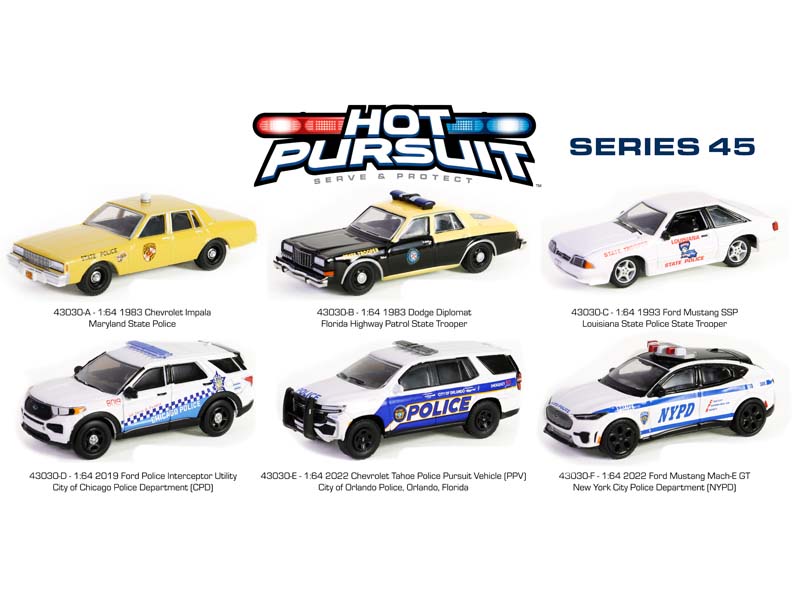 (Hot Pursuit Series 45) SET OF 6 Diecast 1:64 Scale Models - Greenlight 43030